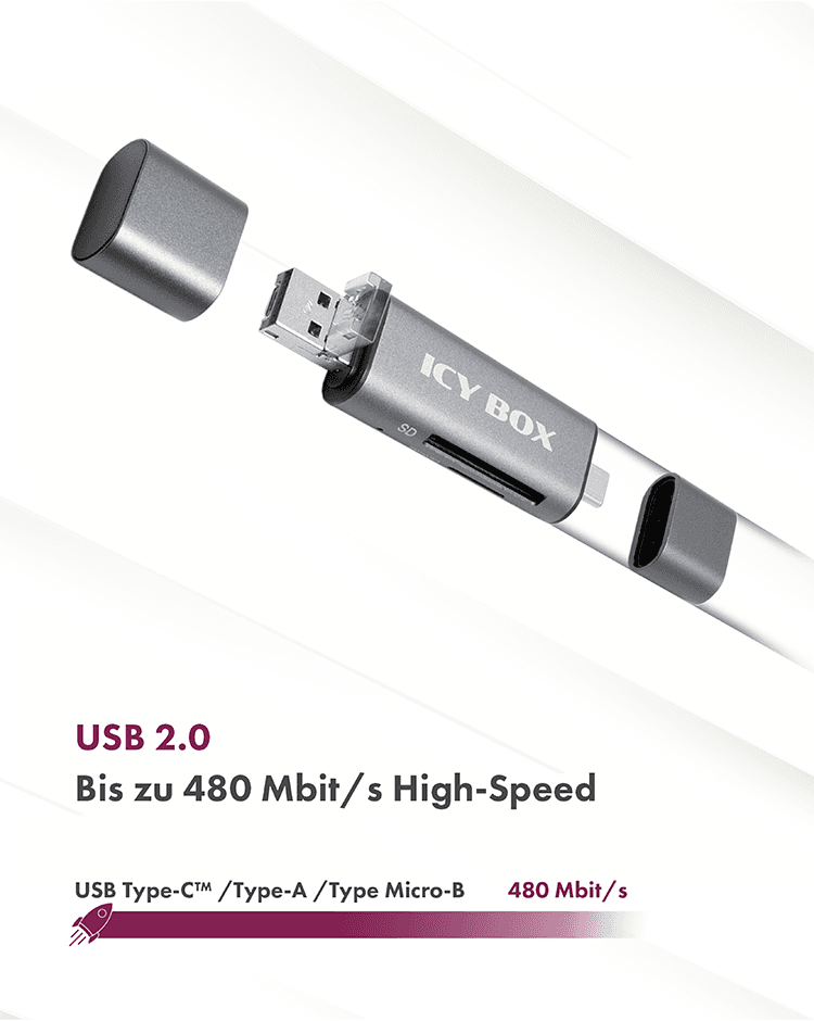 CARD Reader Icy Box interfata USB 2.0, citeste/scrie: SD, microSD, adaptor USB Type-C&Micro-B, "IB-CR200-C" — miniatură
