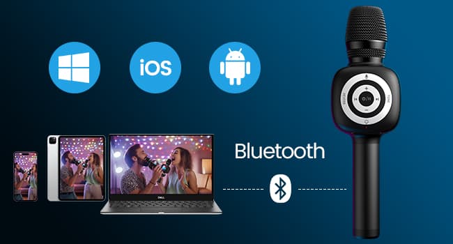 Microfon OneOdio, wireless, conectare prin Bluetooth 5.2, sensibilitate -52 dB, acumulator 1800 mAh, karaoke | Iluminare | 4 moduri voce, negru, "Bopmen-Star-10-Black" — miniatură