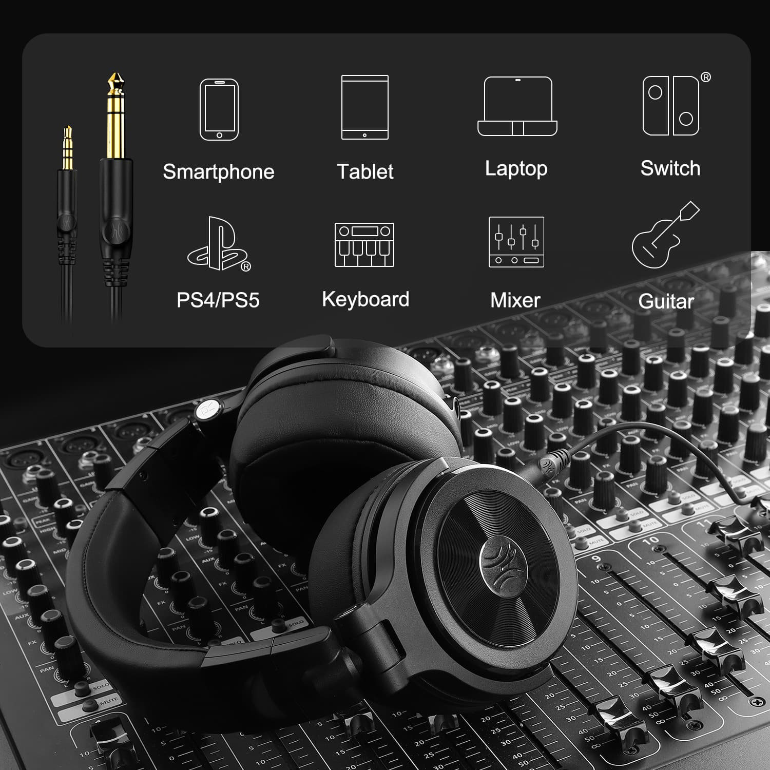 Casca OneOdio cu fir detasabil, tip over ear, utilizare profesionala, multimedia, conectare prin Jack 3.5 mm | Jack 6.35 mm, difuzor 50 mm, impedanta 32 Ohm, negru, "Monitor-40" — miniatură