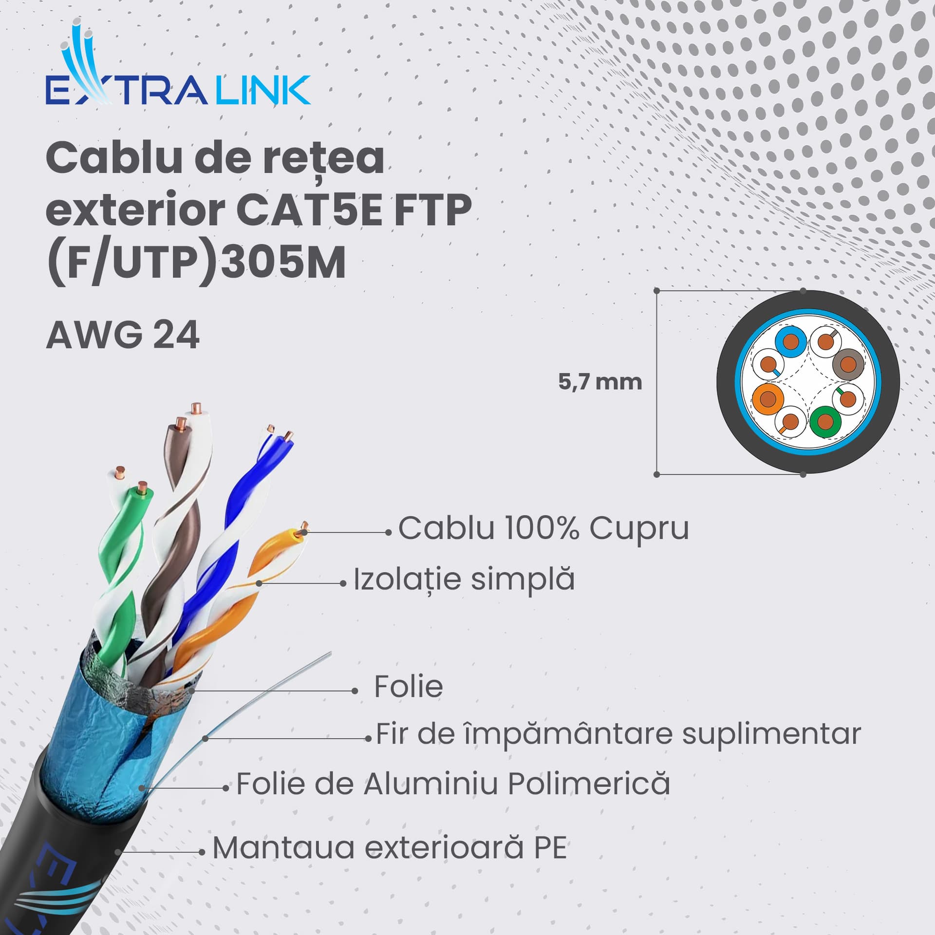 Extralink cablu retea de exterior FTP Cat.5E full cupru 305M "EX.8710" — miniatură