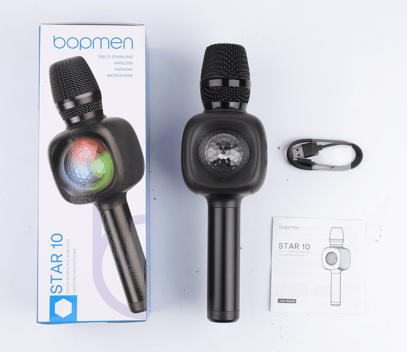 Microfon OneOdio, wireless, conectare prin Bluetooth 5.2, sensibilitate -52 dB, acumulator 1800 mAh, karaoke | Iluminare | 4 moduri voce, negru, "Bopmen-Star-10-Black" — miniatură