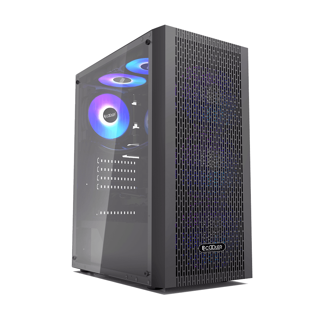 CARCASA PCCOOLER, Middle Tower, ATX, fara sursa, sticla securizata, 3 ventilatoare incluse, iluminare ARGB, negru, USB 3.2 gen 1 x 1, USB 2.0 x 2, mic, audio, "MA100 MESH"