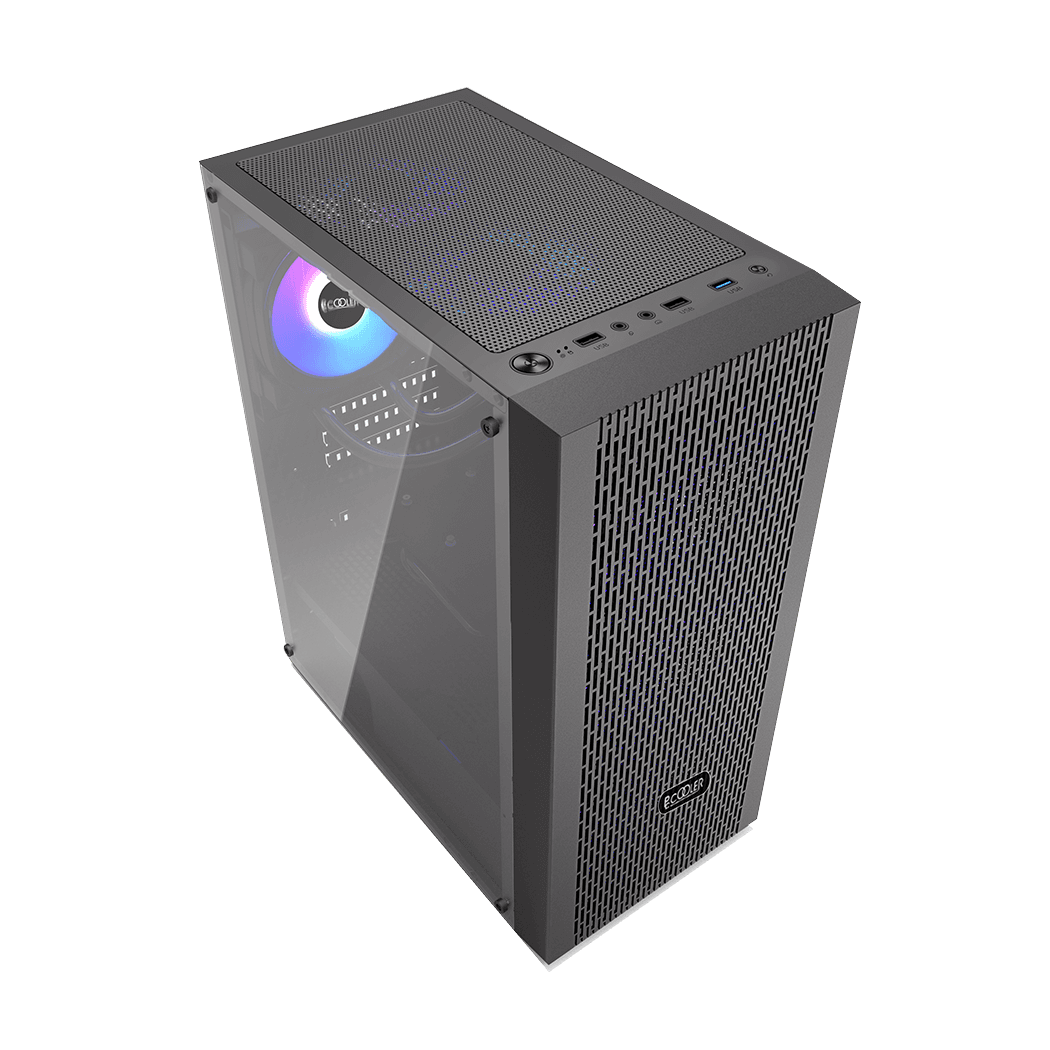 CARCASA PCCOOLER, Middle Tower, ATX, fara sursa, sticla securizata, 3 ventilatoare incluse, iluminare ARGB, negru, USB 3.2 gen 1 x 1, USB 2.0 x 2, mic, audio, "MA100 MESH" — miniatură