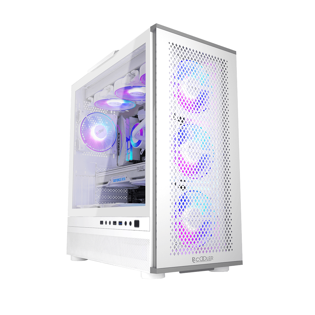CARCASA PCCOOLER, Tower, ATX, fara sursa, sticla securizata, 3 ventilatoare incluse, iluminare ARGB, alb, USB 3.2 gen 1 x 1, USB 2.0 x 2, mic, audio, "ME200 MESH WH"