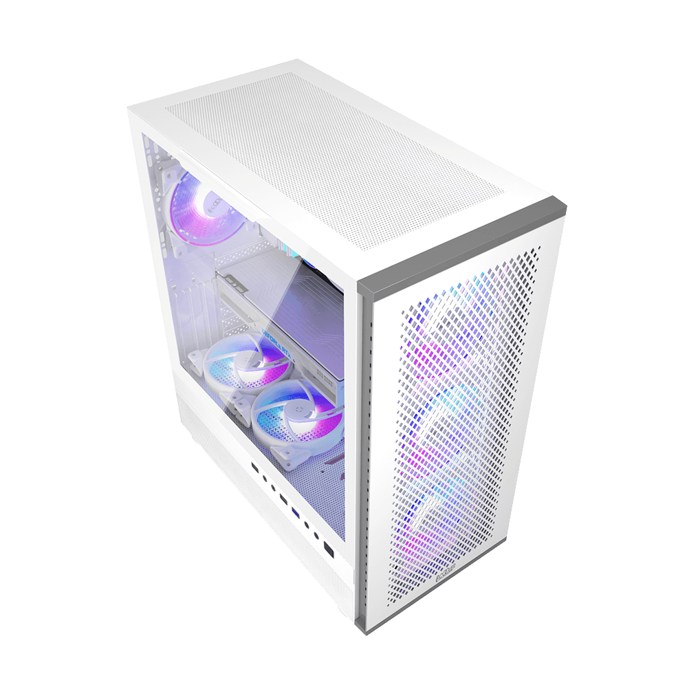 CARCASA PCCOOLER, Tower, ATX, fara sursa, sticla securizata, 3 ventilatoare incluse, iluminare ARGB, alb, USB 3.2 gen 1 x 1, USB 2.0 x 2, mic, audio, "ME200 MESH WH" — miniatură