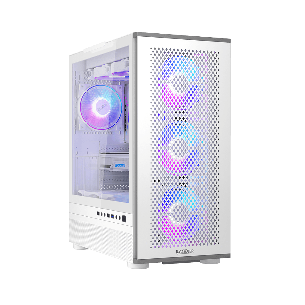 CARCASA PCCOOLER, Tower, ATX, fara sursa, sticla securizata, 3 ventilatoare incluse, iluminare ARGB, alb, USB 3.2 gen 1 x 1, USB 2.0 x 2, mic, audio, "ME200 MESH WH" — miniatură