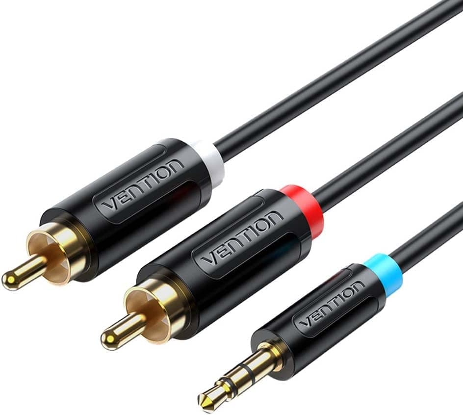 Cablu audio Vention, Jack 3.5mm (T) la 2 x RCA (T), 1m, conectori auriti, PVC, negru, "BCLBF" - 6922794751309