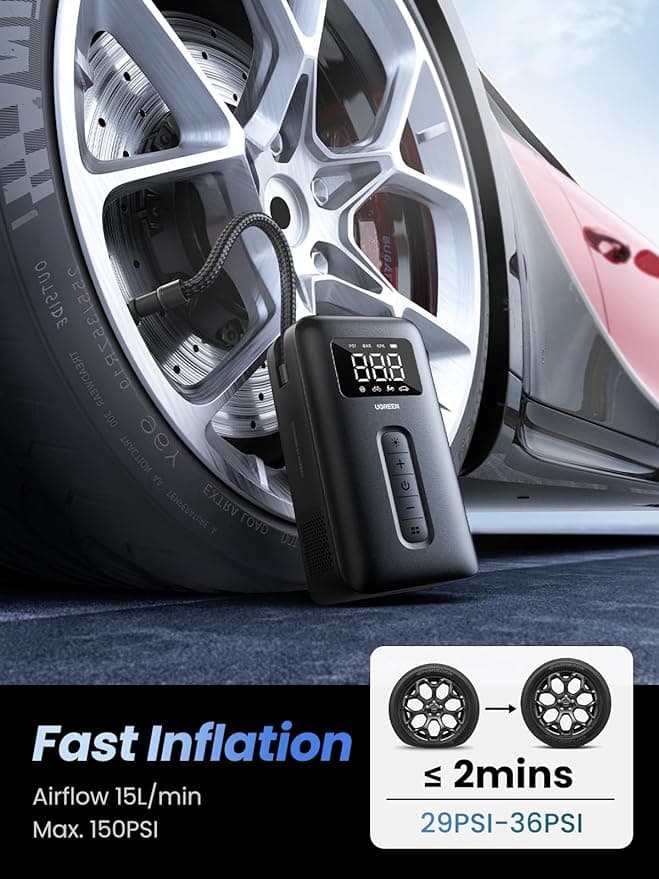 COMPRESOR AUTO Ugreen, "CD259" capacitate acumulator 2500mAh, display LED, presiune maxima 3 bar, negru "15951" - 6941876219513 — miniatură