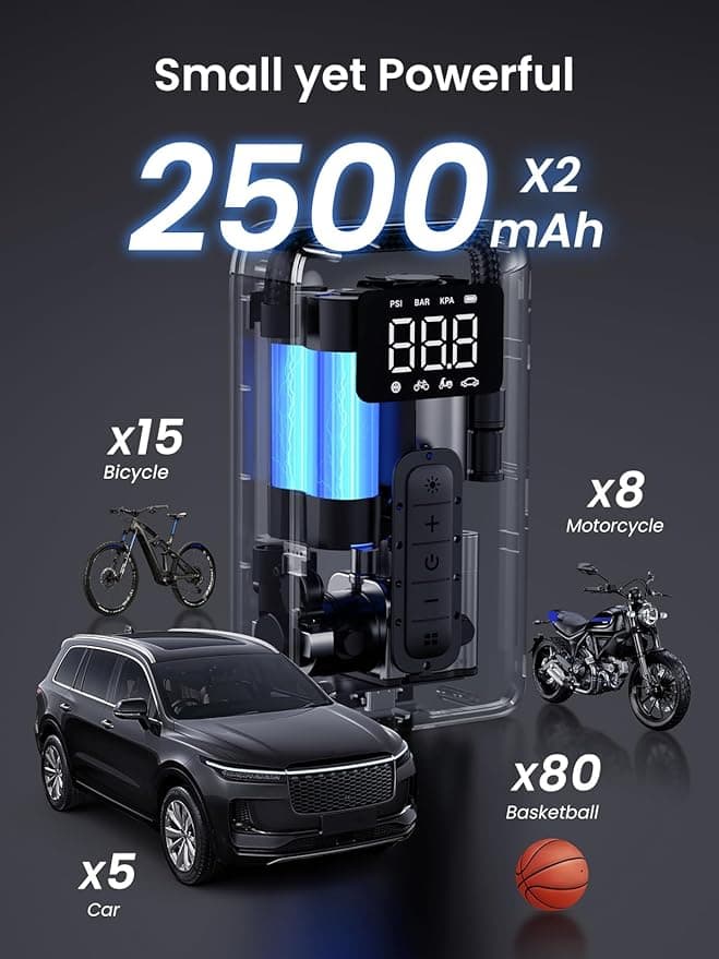 COMPRESOR AUTO Ugreen, "CD259" capacitate acumulator 2500mAh, display LED, presiune maxima 3 bar, negru "15951" - 6941876219513 — miniatură