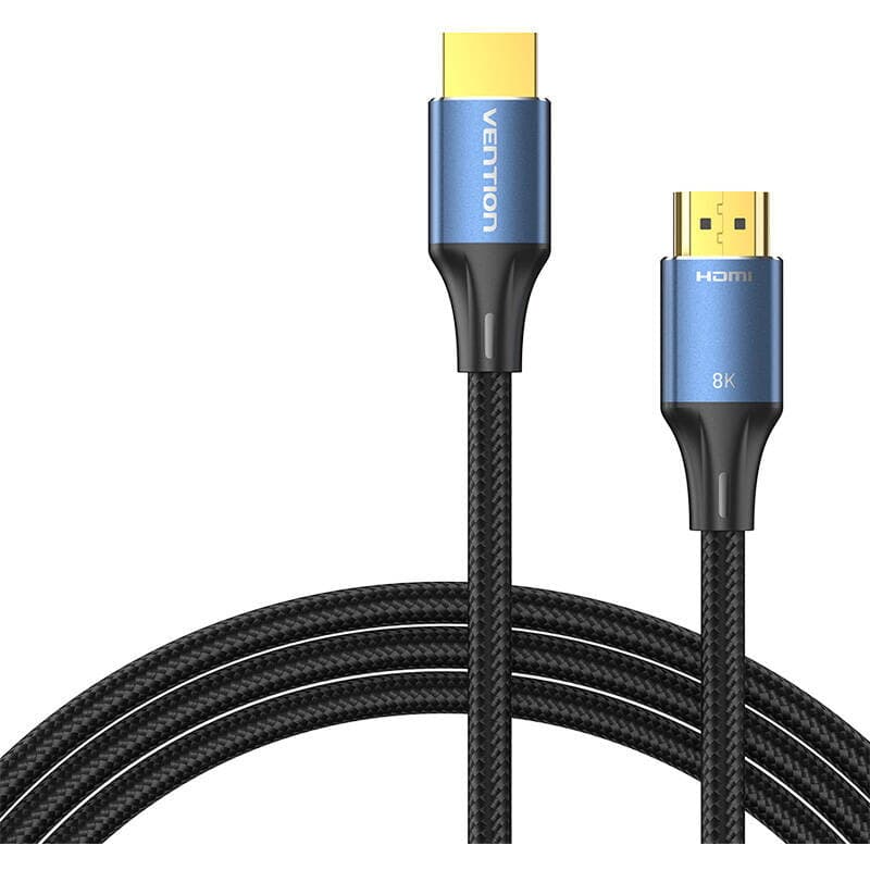 Cablu video Vention, HDMI(T) la HDMI(T), 2m, rezolutie maxima 8K la 60Hz/4K la 120Hz, conectori auriti, cupru/argint, bumbac braided, albastru, "ALGLH" - 6922794765252