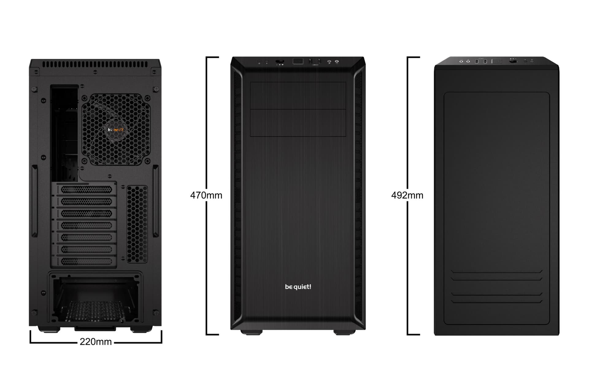 CARCASA be quiet! "PURE BASE 600", Middle Tower, ATX, fara sursa, 2xfan, USB 3.2 gen 1 x 2, audio+mic, PSU shroud, 7 sloturi expansiune, iluminare, negru, "BG021" — miniatură