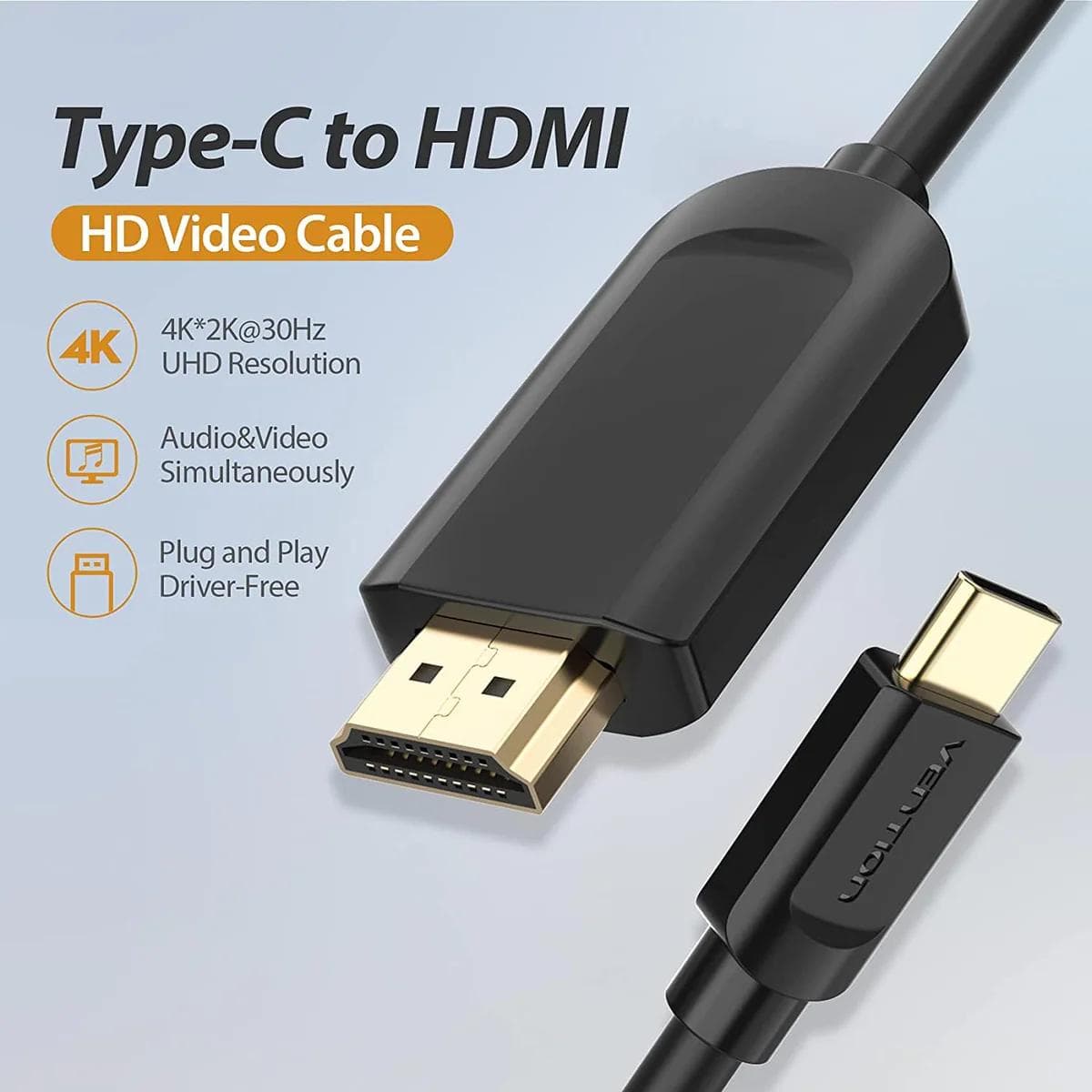 Cablu video Vention, USB Type-C(T) la HDMI(T), 1.5m, rezolutie maxima 4K la 30Hz, conectori auriti, cupru, invelis PVC, negru, "CGUBG" - 6922794742062 — miniatură