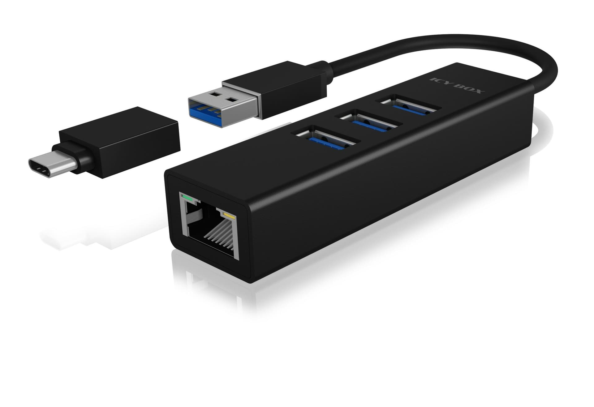 DOCKING Station Icy Box, porturi USB: USB 3.0 x 3, USB-C x 2, conectare prin USB w. adaptor la USB-C, Gigabit RJ45 x 1, aluminiu, negru, "IB-HUB1419-LAN"