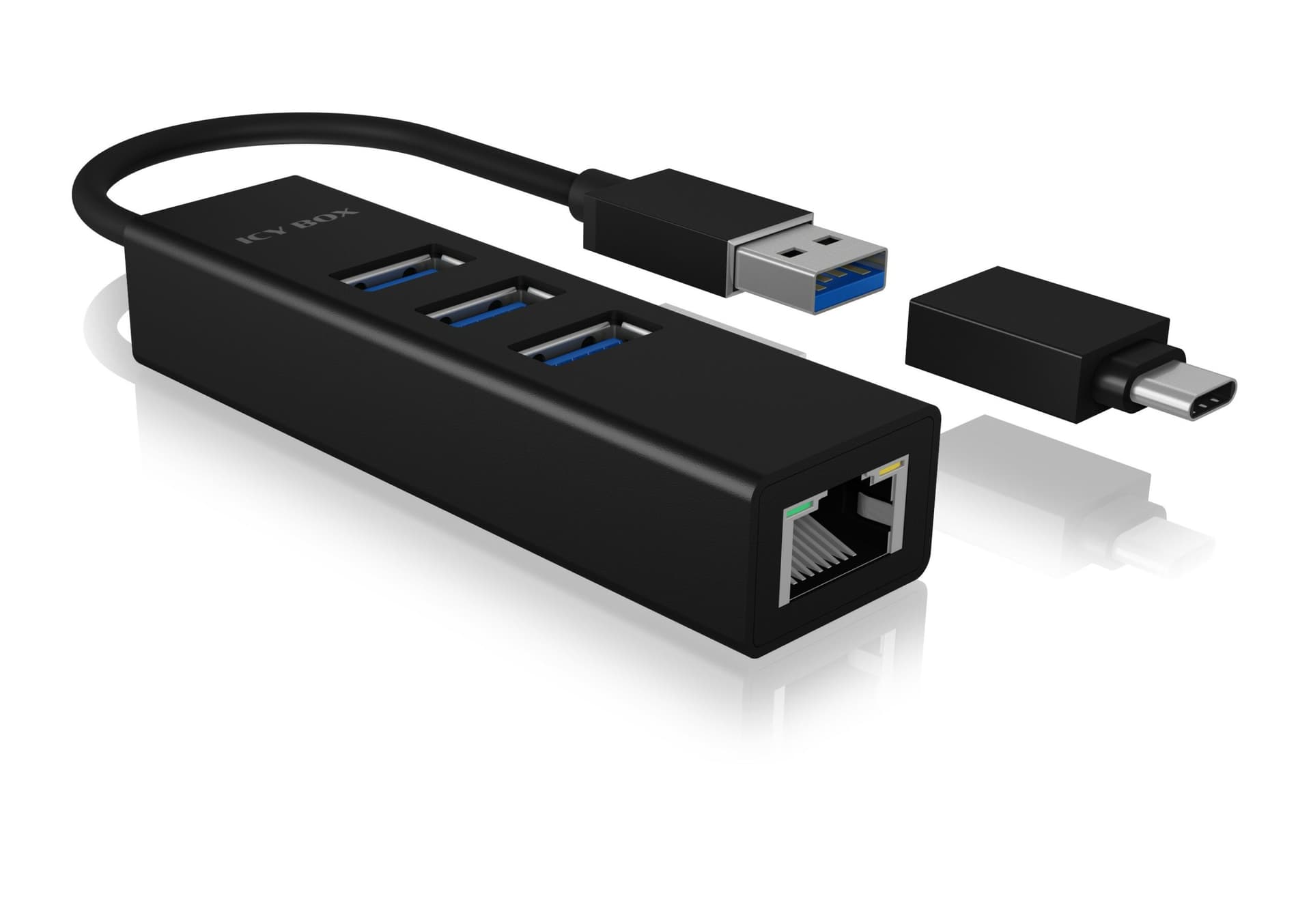 HUB extern Icy Box, porturi USB: USB 3.0 x 3, USB-C x 2, conectare prin USB w. adaptor la USB-C, Gigabit RJ45 x 1, aluminiu, negru, "IB-HUB1419-LAN" — miniatură