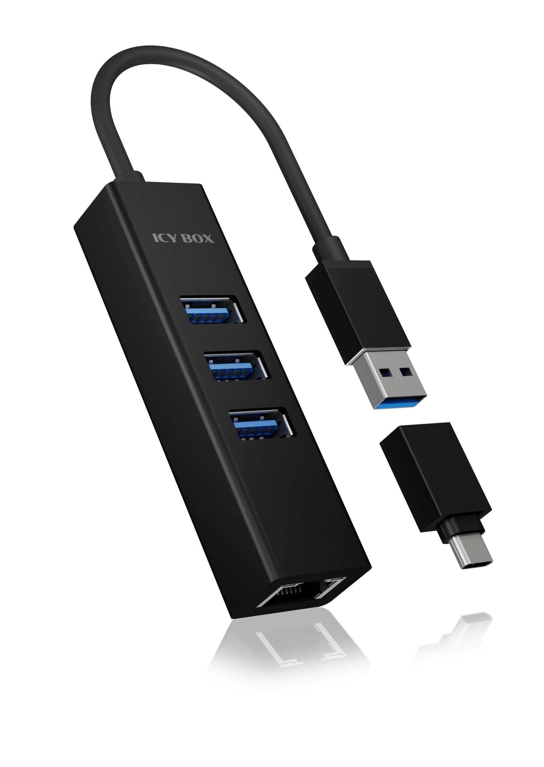 HUB extern Icy Box, porturi USB: USB 3.0 x 3, USB-C x 2, conectare prin USB w. adaptor la USB-C, Gigabit RJ45 x 1, aluminiu, negru, "IB-HUB1419-LAN" — miniatură