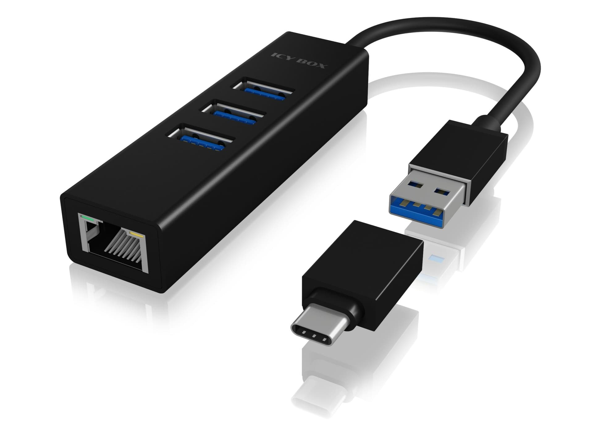 HUB extern Icy Box, porturi USB: USB 3.0 x 3, USB-C x 2, conectare prin USB w. adaptor la USB-C, Gigabit RJ45 x 1, aluminiu, negru, "IB-HUB1419-LAN" — miniatură