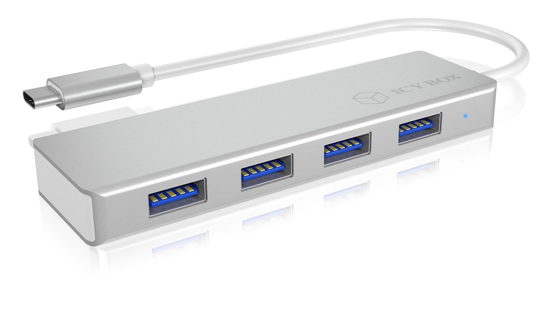 HUB extern Icy Box, porturi USB: USB 3.0 x 4, conectare prin USB Type-C, cablu 0.20m, aluminiu, alb, "IB-HUB1425-C3"