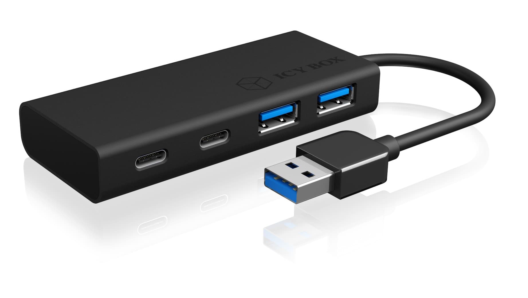 HUB extern Icy Box, porturi USB: USB 3.0 x 2, USB-C x 2, conectare prin USB, cablu 0.10m, plastic, negru, "IB-HUB1426-U3"
