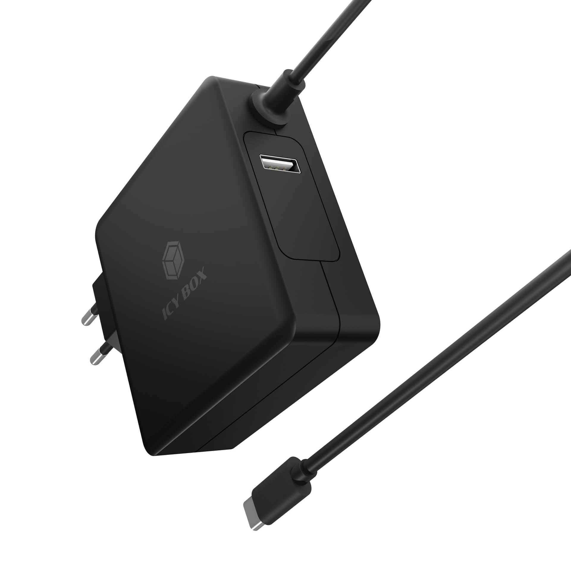 ALIMENTATOR retea 220V Icy Box, universal, 1 x USB-A QC 5V@2.4A, 1 x USB-C PD 90W 20V@4.5A, cablu USB-C 1.8m, negru, "IB-PS101-PD" — miniatură