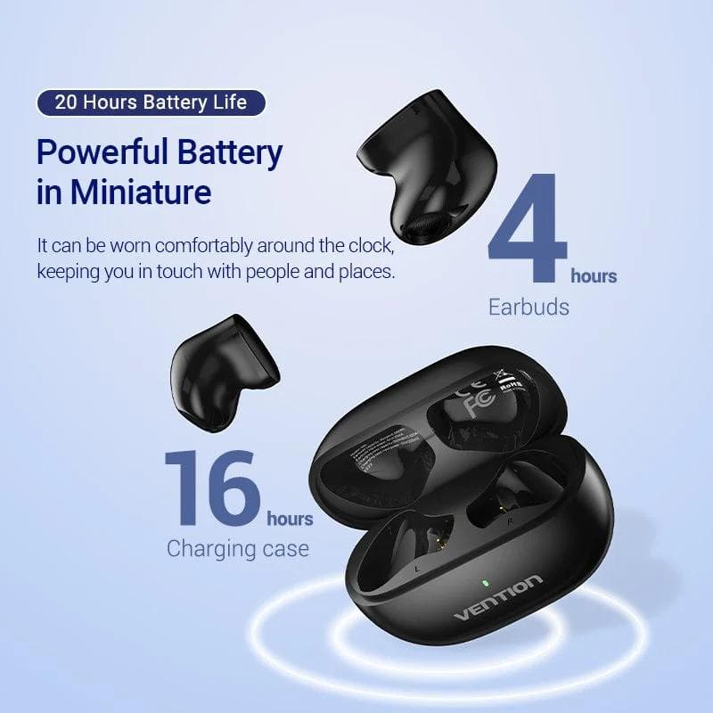 Casti TWS Vention, wireless, tip butoni, smartphone,BT 5.3, mic pe casca,USB-C, acumulator charging case 250mAh,pana la 20 ore,Low audio latency,negru "NBLB0"-6922794778641 — miniatură