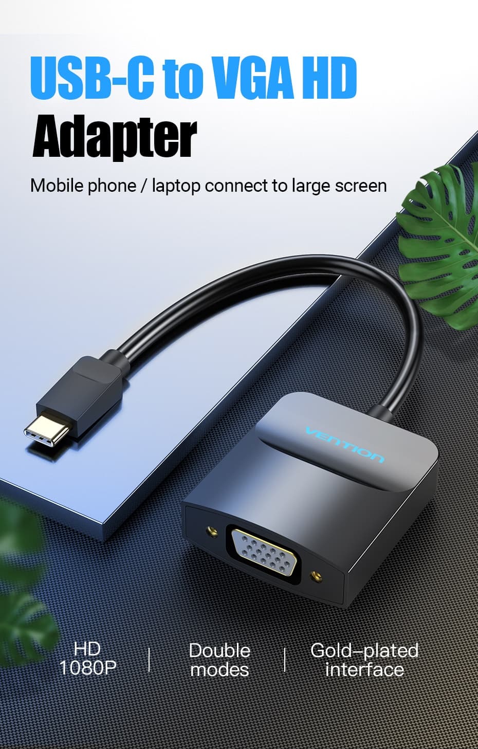Convertor video Vention, USB Type-C(T) la VGA (M), 0.15m, rezolutie maxima 1080p la 60 Hz, conectori auriti, cupru, invelis PVC, negru, "TDDBB" - 6922794746114
