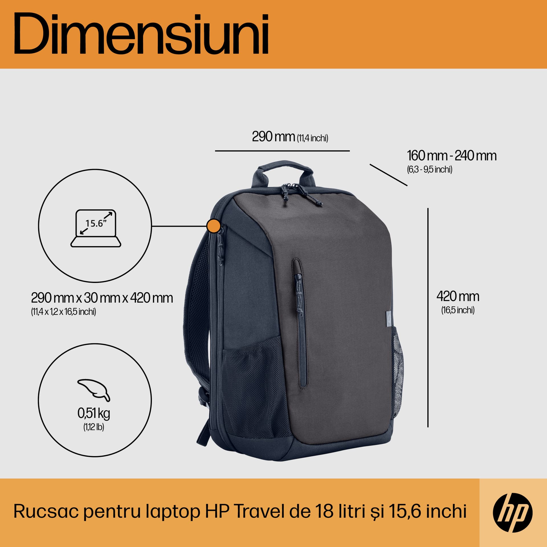 HP Travel 18 Liter 15.6inch Iron Grey Laptop Backpack "6H2D9AA" — miniatură