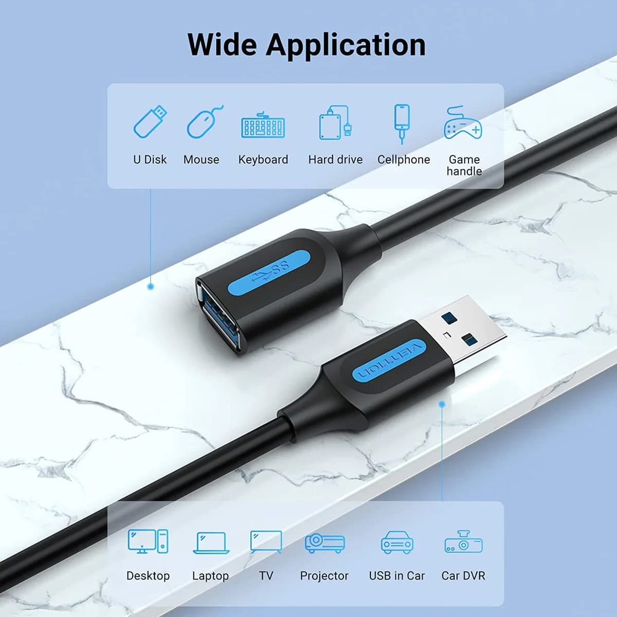 Cablu USB prelungitor Vention, USB 3.2 gen 1 (T) la USB 3.2 gen 1 (M), 1m rata transfer 5 Gbps, invelis PVC, negru, "CBHBF" - 6922794748866 — miniatură