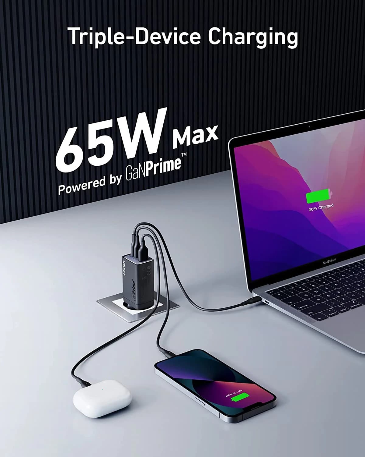 INCARCATOR retea Anker "735 GaNPrime III" 65W, PD 3.0, QC 3.0, 2 x USB Type-C, 1 x USB, negru, "A2668311" - 0194644099091 — miniatură