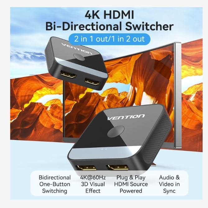 Switch video Vention, HDMI(M) la 2 x HDMI(M), rezolutie maxima 4K la 60Hz, conectori auriti, dublu sens, invelis acrilic si ABS, negru, "AKOB0" - 6922794769076 — miniatură