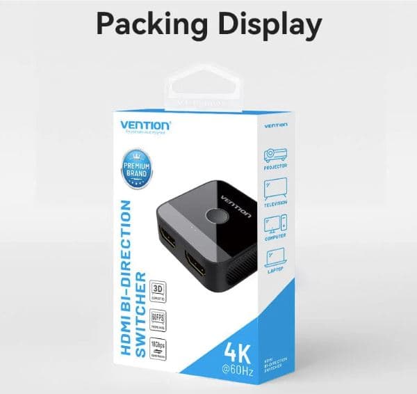 Switch video Vention, HDMI(M) la 2 x HDMI(M), rezolutie maxima 4K la 60Hz, conectori auriti, dublu sens, invelis acrilic si ABS, negru, "AKOB0" - 6922794769076 — miniatură