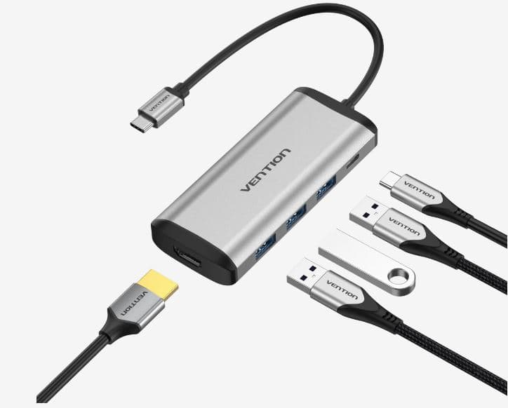 Docking Station Vention, porturi: HDMI (M), 3 x USB 3.2 gen1, PD 100 W, conectare prin USB Type-C (T), rata transfer 5 Gbps, aliaj Al si ABS, argintiu, "CNBHB" - 6922794741348