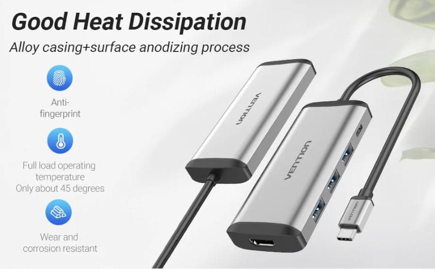 Docking Station Vention, porturi: HDMI (M), 3 x USB 3.2 gen1, PD 100 W, conectare prin USB Type-C (T), rata transfer 5 Gbps, aliaj Al si ABS, argintiu, "CNBHB" - 6922794741348 — miniatură