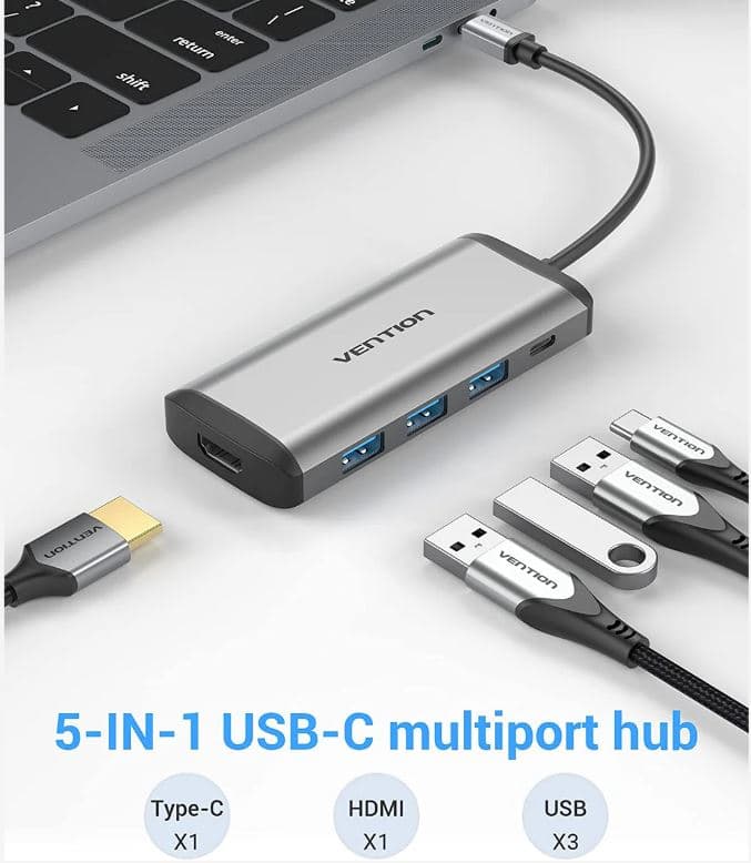 Docking Station Vention, porturi: HDMI (M), 3 x USB 3.2 gen1, PD 100 W, conectare prin USB Type-C (T), rata transfer 5 Gbps, aliaj Al si ABS, argintiu, "CNBHB" - 6922794741348 — miniatură