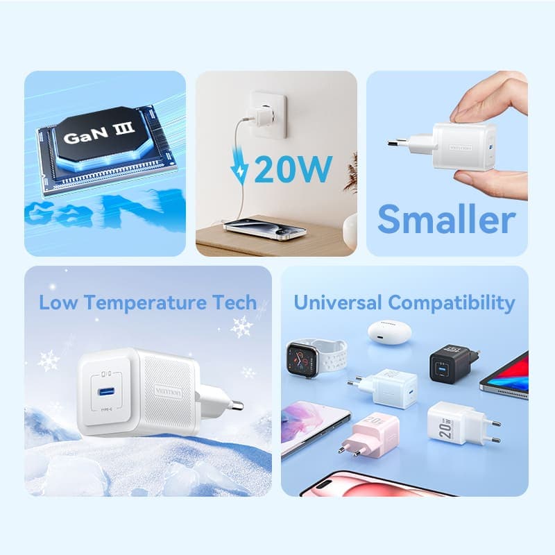 Alimentator retea Vention 20W, 1 x USB Type-C, 5V/3A, QC 3.0, albastru, "FEPL0-EU" - 6922794782112 — miniatură