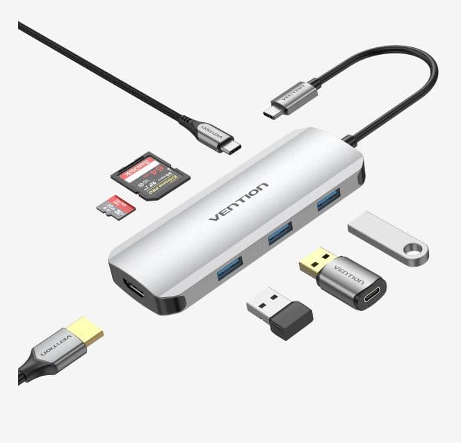 Docking Station Vention,HDMI(M), 3xUSB 3.2 gen1,PD 100W,SD/TF dual card slot,conec prin USB-C(T),transf 5 Gbps,aliaj Al si ABS,1 Gbit,4K/30Hz,argintiu "TOJHB"-6922794756816