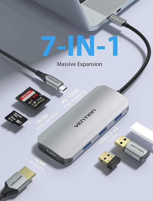 Docking Station Vention,HDMI(M), 3xUSB 3.2 gen1,PD 100W,SD/TF dual card slot,conec prin USB-C(T),transf 5 Gbps,aliaj Al si ABS,1 Gbit,4K/30Hz,argintiu "TOJHB"-6922794756816 — miniatură