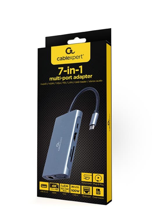 DOCKING Station Gembird universal, 7-in-1, conec PC USB Type C, USB-Cx1, USB-A 3.1x3, porturi video HDMIx1, VGAx1, RJ45x1,PD 100 W, SD,microSD,Audio,argintiu, "A-CM-COMBO7-01" — miniatură