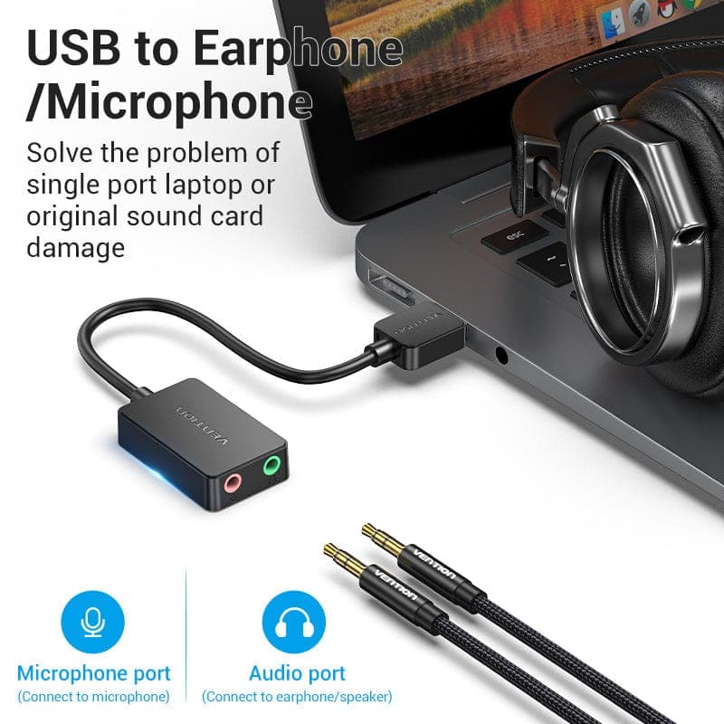 PLACA de SUNET Vention, extern, 2.1, interfata USB 2.0 (T) la 2x 3.5mm Jack (M), cablu 0.15cm, negru, "CDYB0" — miniatură