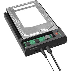 DOCKING station LOGILINK, USB 3.2 Gen2, pentru HDD/SSD 2.5" si 3.5" SATA, M.2 NVMe (PCIe) SSD, viteza max 10 Gb/s, functie clona, on/off, alim. 220V, negru "QP0031" — miniatură