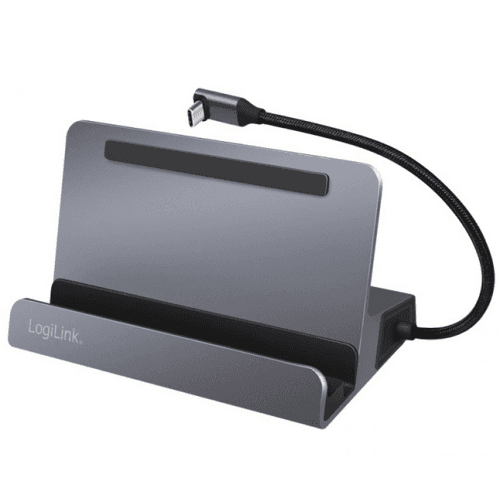 DOCKING Station LOGILINK universal, conec PC USB-C 3.2, USB 3.0 x 3, USB-C x 1, HDMI x 1, RJ45 x 1, holder tableta/smartphone, PD pana la 100W, argintiu, "UA0408"