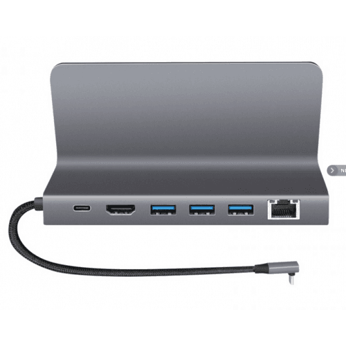 DOCKING Station LOGILINK universal, conec PC USB-C 3.2, USB 3.0 x 3, USB-C x 1, HDMI x 1, RJ45 x 1, holder tableta/smartphone, PD pana la 100W, argintiu, "UA0408" — miniatură