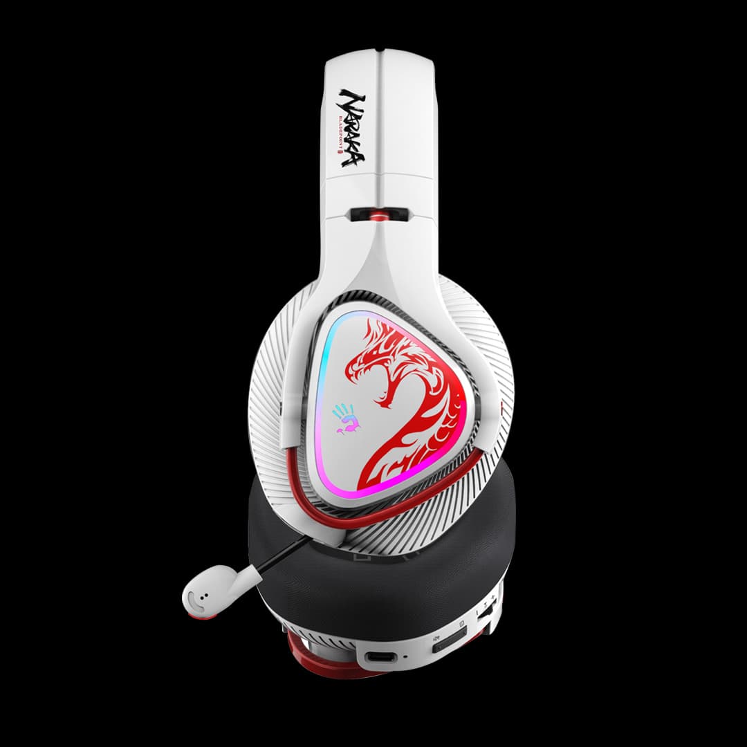 CASTI A4TECH - gaming, "Bloody co-branded Naraka",wireless 2.4GHz+BT 5.3, tip standard,utilizare multimedia (PC and more),mic pe casca, iluminare, alb, USB-C,cablu 1.5m "MR720" — miniatură