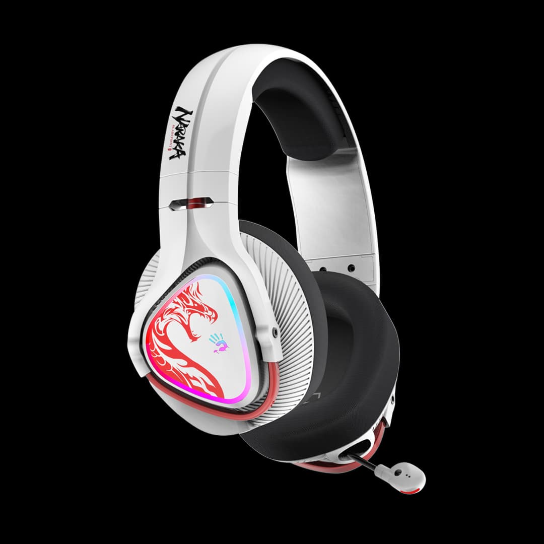 CASTI A4TECH - gaming, "Bloody co-branded Naraka",wireless 2.4GHz+BT 5.3, tip standard,utilizare multimedia (PC and more),mic pe casca, iluminare, alb, USB-C,cablu 1.5m "MR720" — miniatură
