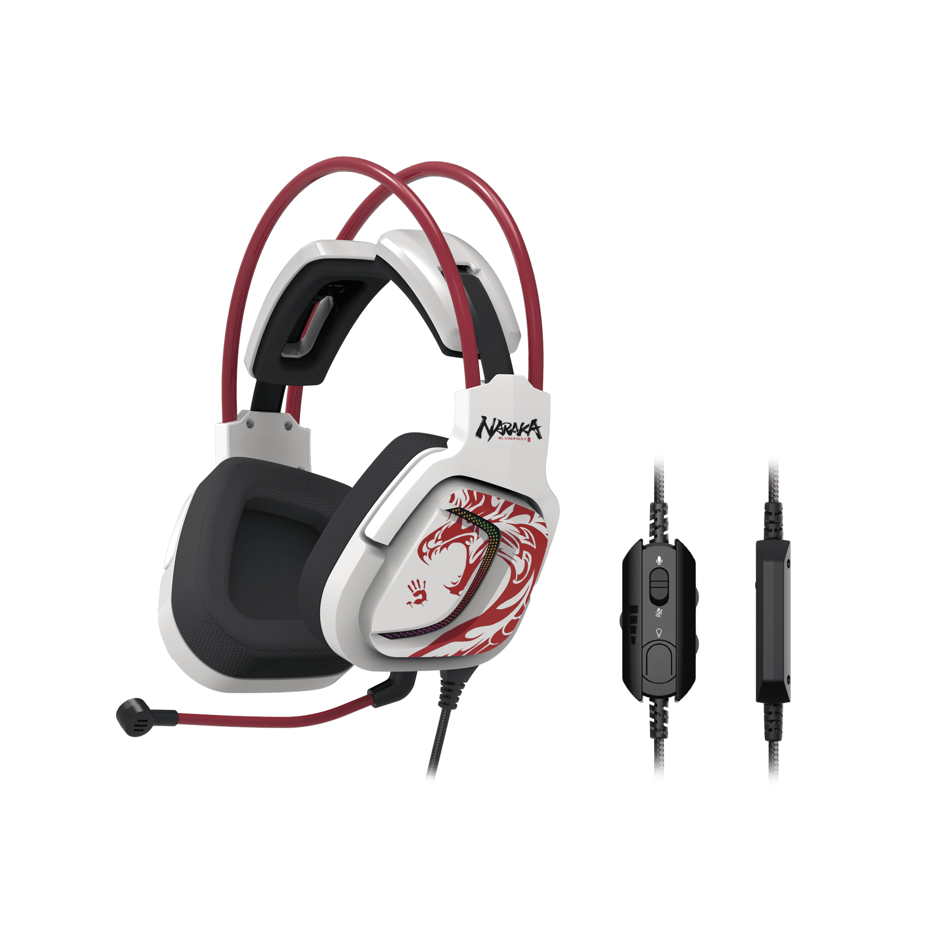CASTI A4TECH-gaming, "Bloody co-branded Naraka",cu fir, USB, tip standard,utilizare multimedia (PC and more), mic pe casca,iluminare, 7.1 virtual sound,alb,USB, cablu 2m "G575" — miniatură