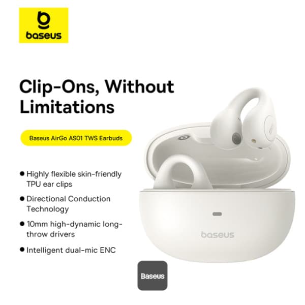 CASTI Baseus AirGo AS01 Open-Ear TWS, pt smartphone, wireless, bluetooth 5.3, microfon pe casca, 25 ore durata baterie, alb "A00069101223-00" - 6932172655372 — miniatură