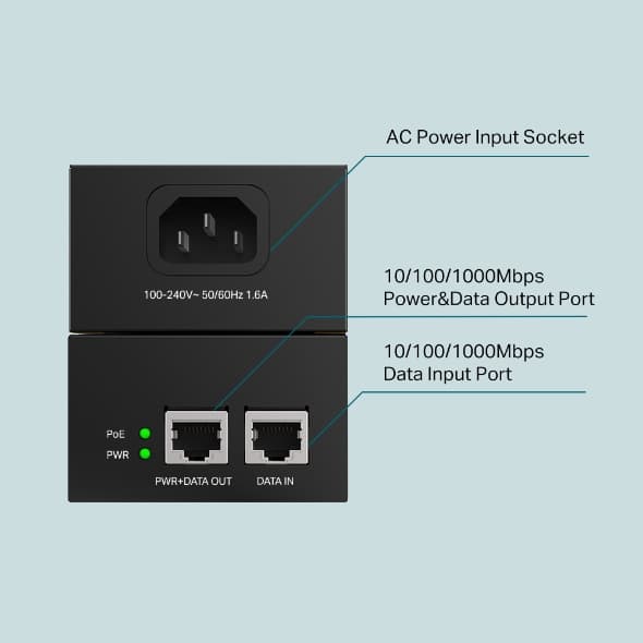 INJECTOR PoE++ TP-LINK 2 porturi Gigabit, compatibil IEEE 802.3af/at 60W maxim 100M, carcasa plastic, "PoE170S" — miniatură