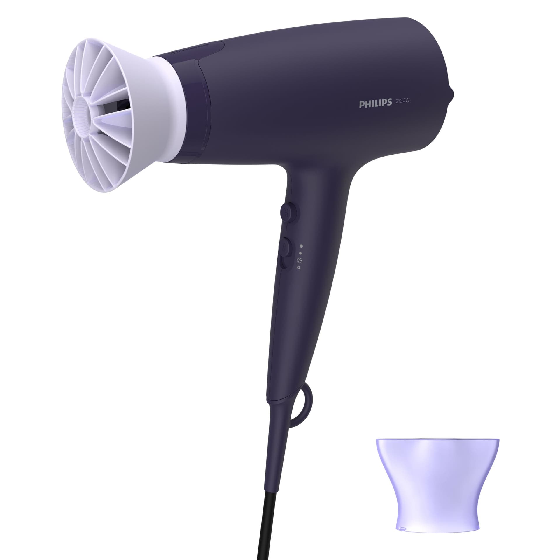 Uscator de par BHD340/10, 2100W, accesoriu Thermo Protect, ionizare, 3 setari de viteza/temperatura, cap de coafare 14 mm, difuzor, Negru/Lila "BHD340/10"