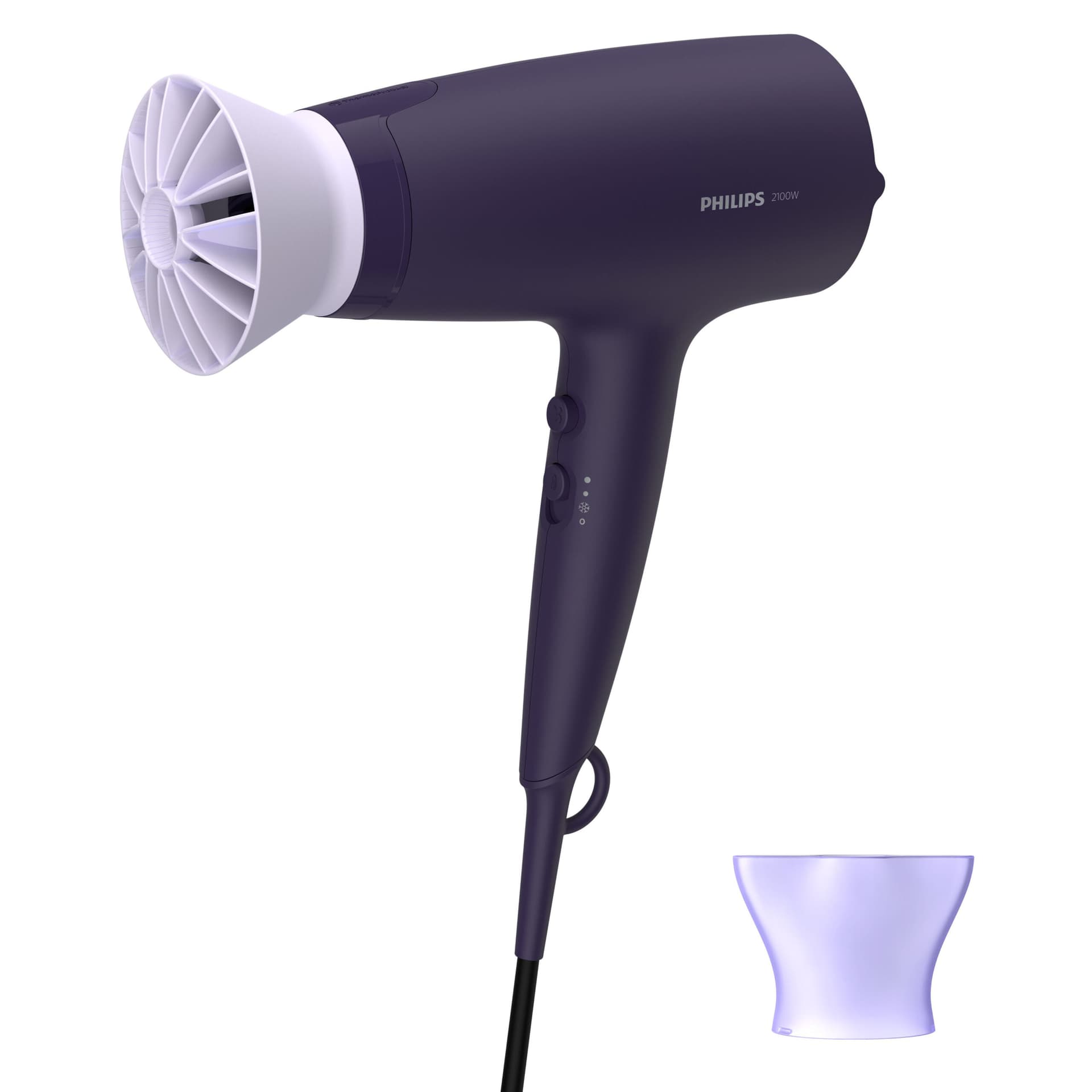 Uscator de par BHD340/10, 2100W, accesoriu Thermo Protect, ionizare, 3 setari de viteza/temperatura, cap de coafare 14 mm, difuzor, Negru/Lila "BHD340/10" — miniatură