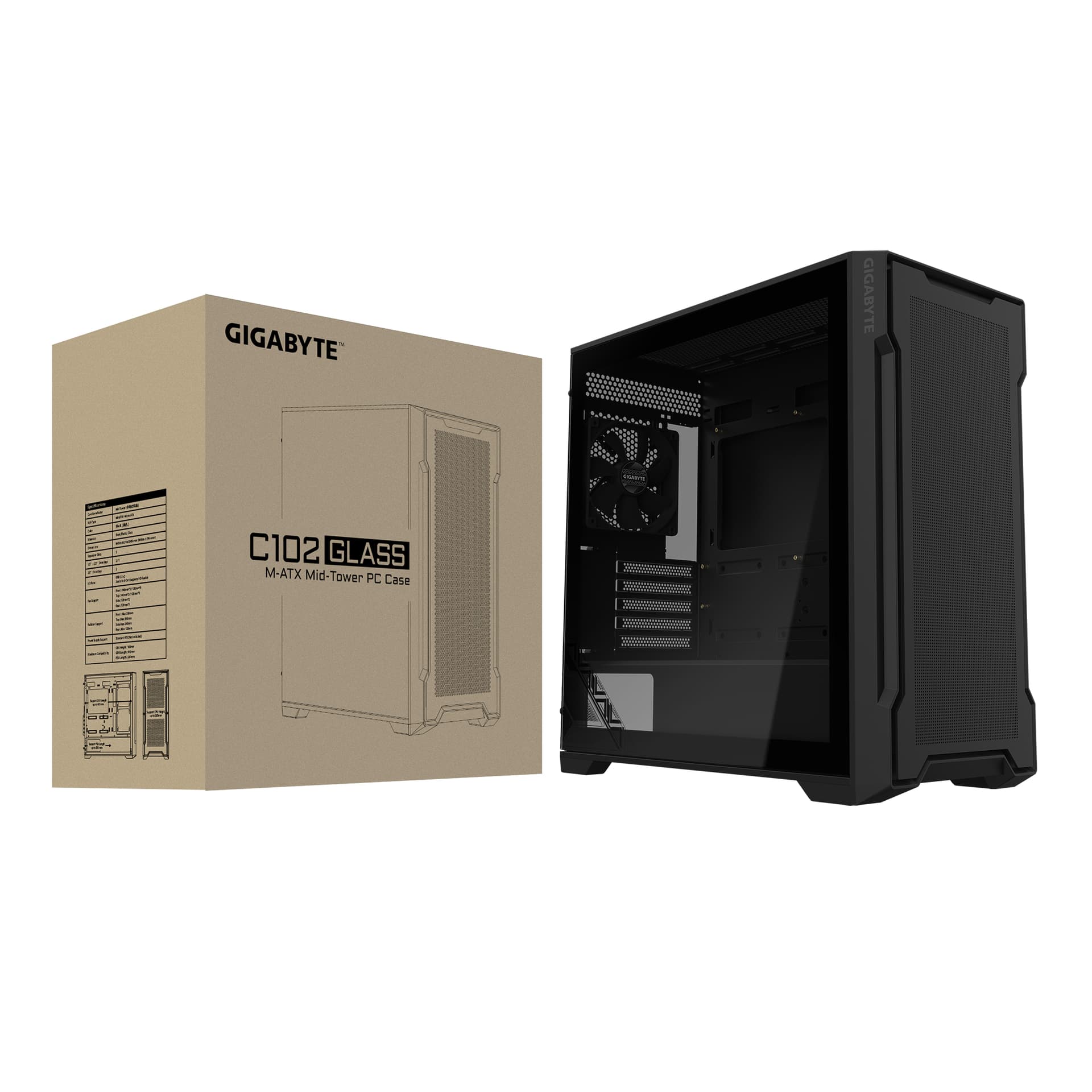 GIGABYTE C102G PC Case Full-Size Tempered Glass Side Panel With 2xUSB 3.0 Pre-installed two 120mm fans M-ATX/Mini-ITX "C102G" — miniatură