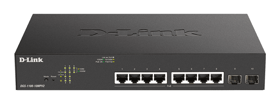 SWITCH D-LINK POE SMART, 8 porturi RJ-45 Gigabit + 2 porturi SFP Gigabit, POE max 130W, carcasa metalica, "DGS-1100-10MPV2"